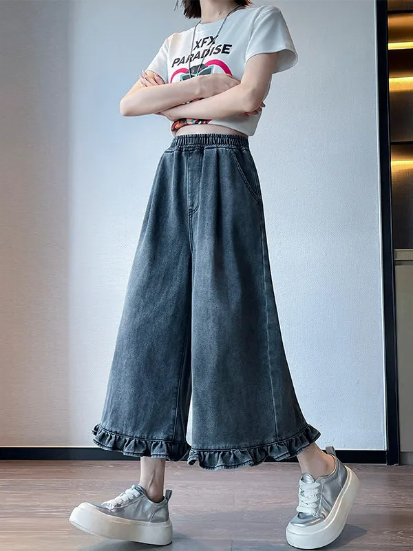 High Waist Wide Leg Denim Capris Women's plus Size Elastic Loose Slimming Eighteen Pants Spring Summer New Style Wood Grain 