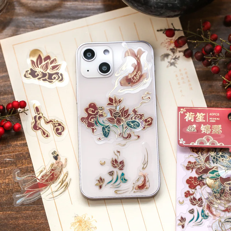 MOHAMM 40 PCS PVC Waterproof Sticker China Style Hot Stamping Pack Nostalgic Antique Style DIY Creative Notebook Material Decal