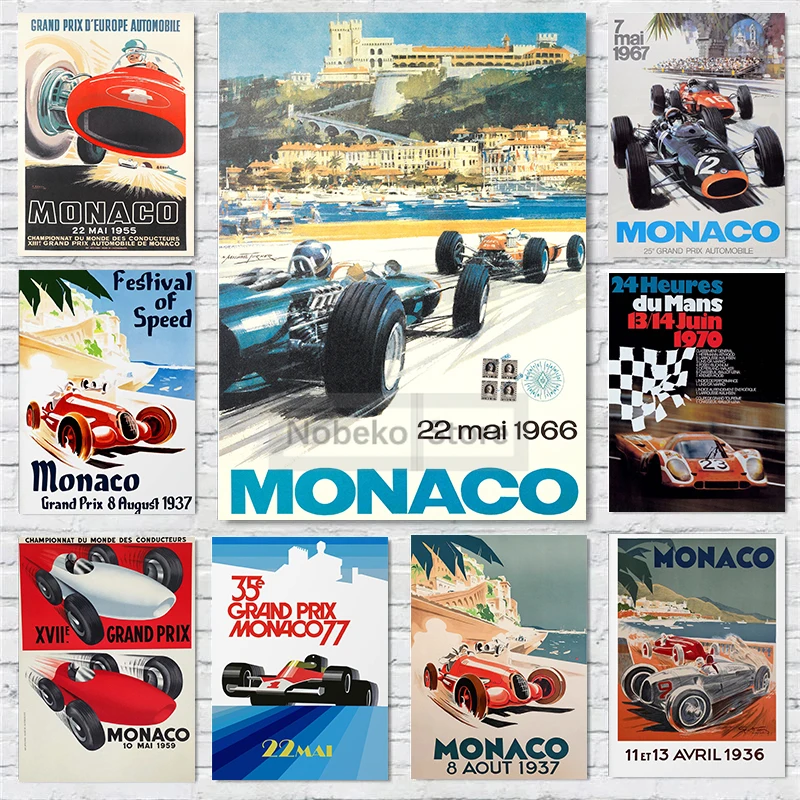 Vintage The 1930s to 1970s Monaco Motor Racing Poster Retro Poster and Prints Canvas Painting Wall Art Pictures Home Room Decor