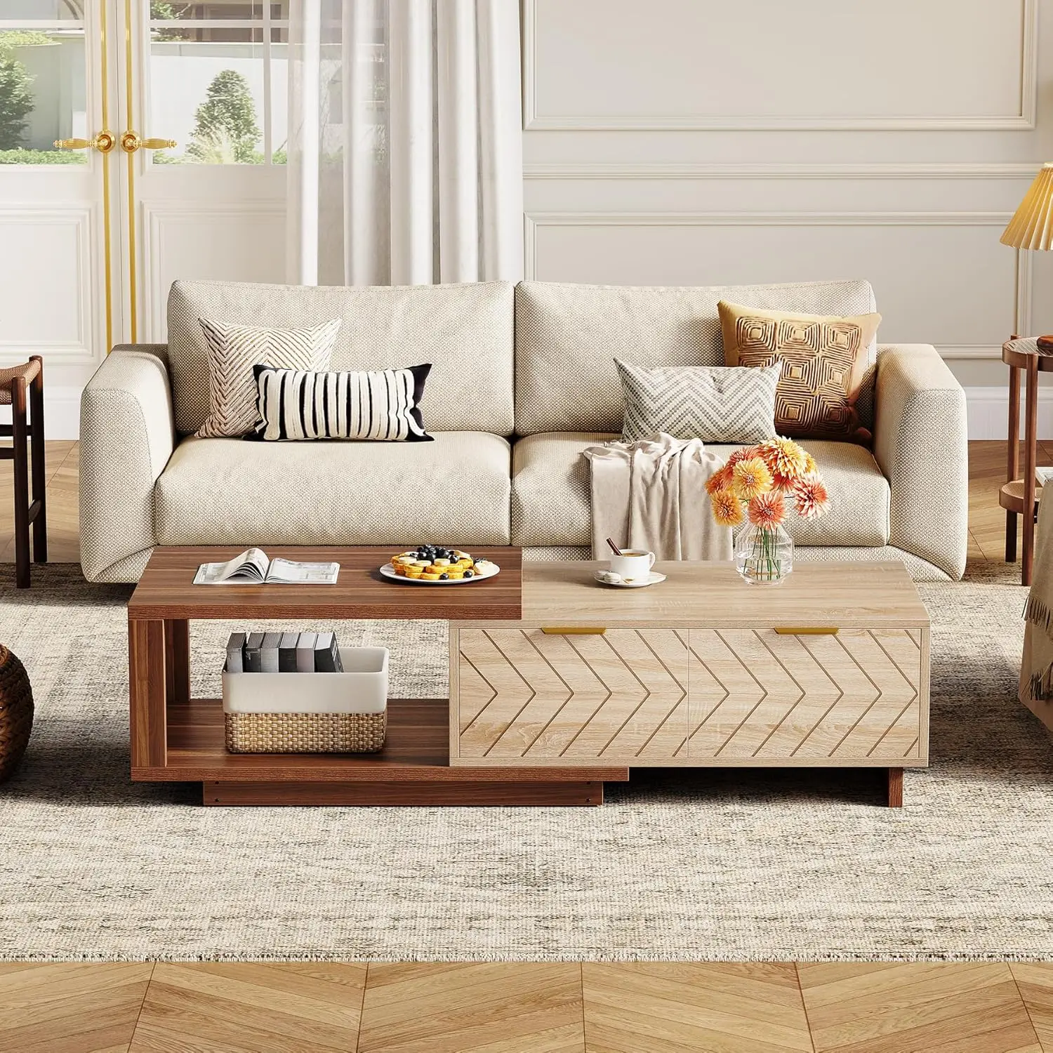 Table basse extensible en bois avec 2 tiroirs, table centrale de ferme rectangulaire peu encombrante, parfaite pour le salon et le bureau