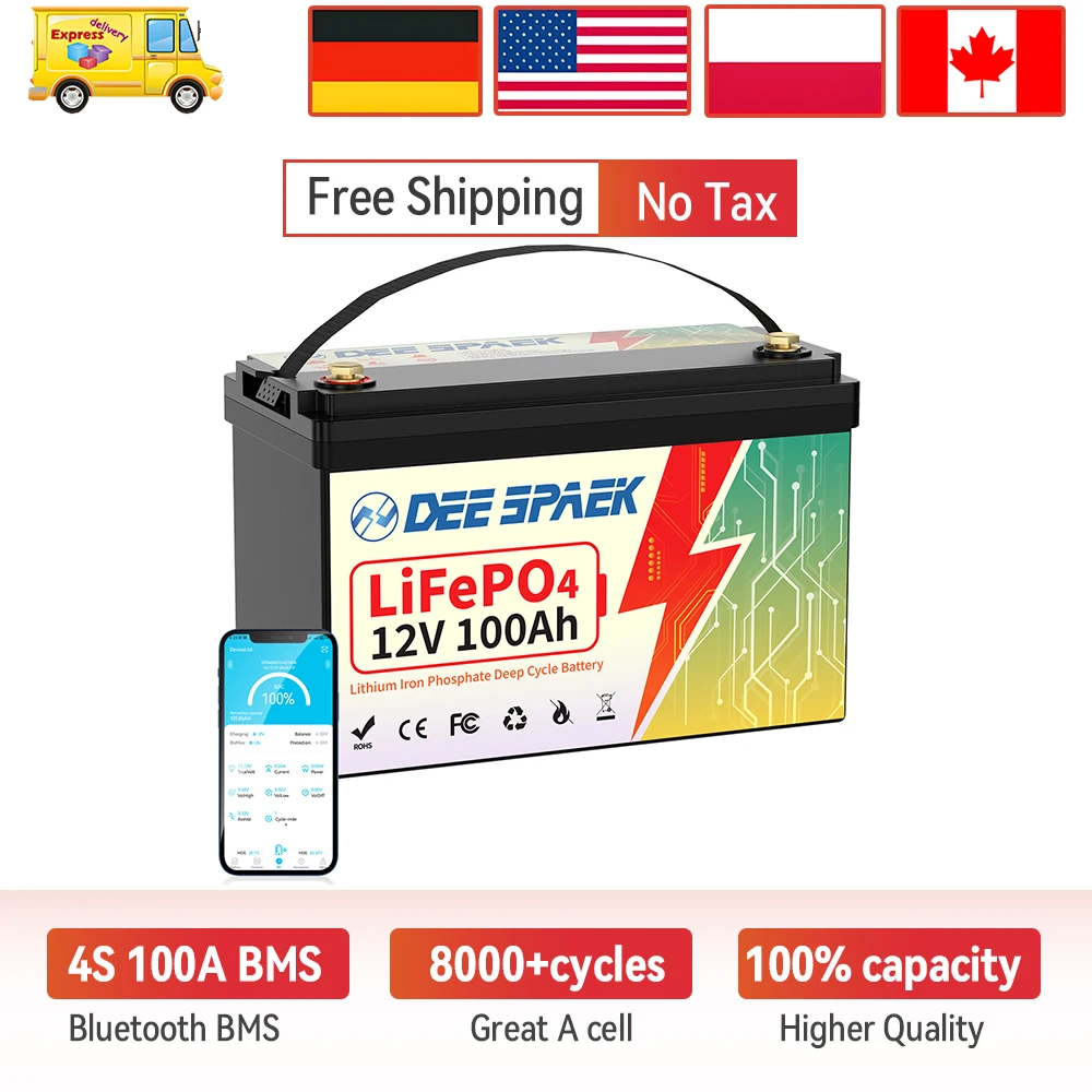 12V 100Ah LiFePO4 Battery Pack BMS 8000 Deep Cycles For RV Home Energy Golf Cart EV Lithium  Iron Phosphate Batteria EU US Stock