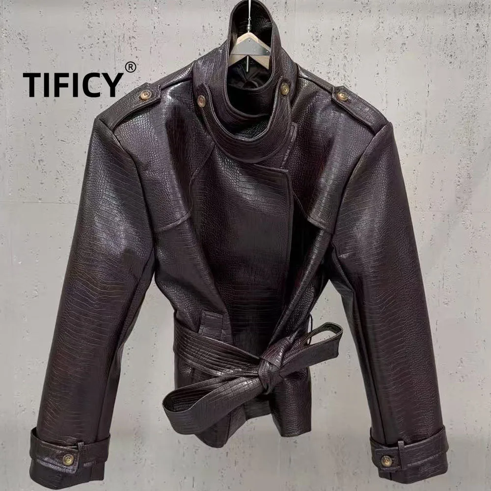 High Street Autumn Standing Collar Motorcycle Leather Jacket Women's Patterned Waistband and Tie Up PU Leather Jacket