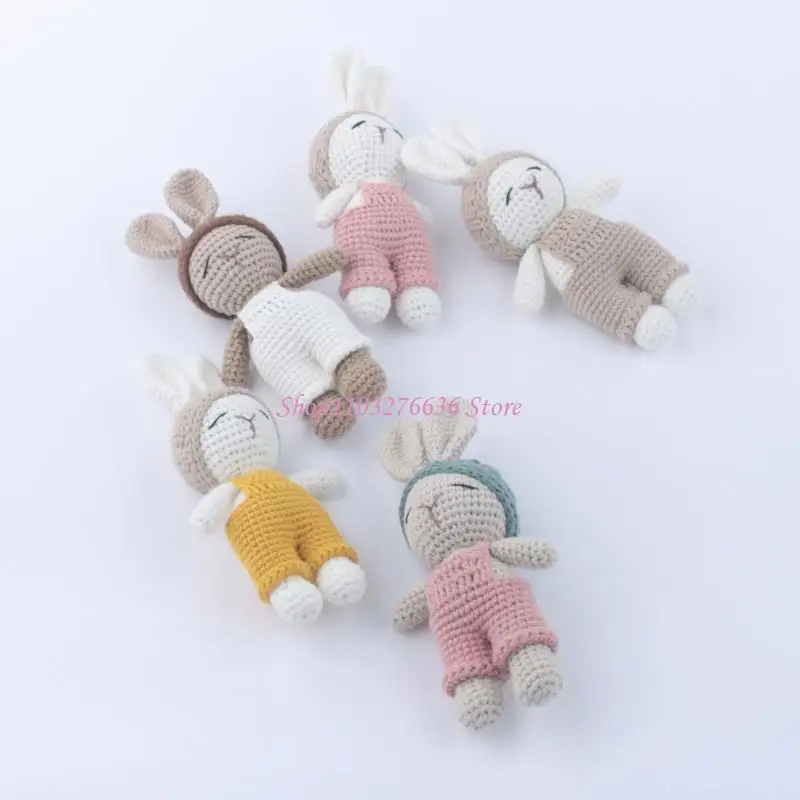 R6FD Sweet Handmade Crochet Rattle Appease Rabbit Handheld Toy Infant Photography Toy