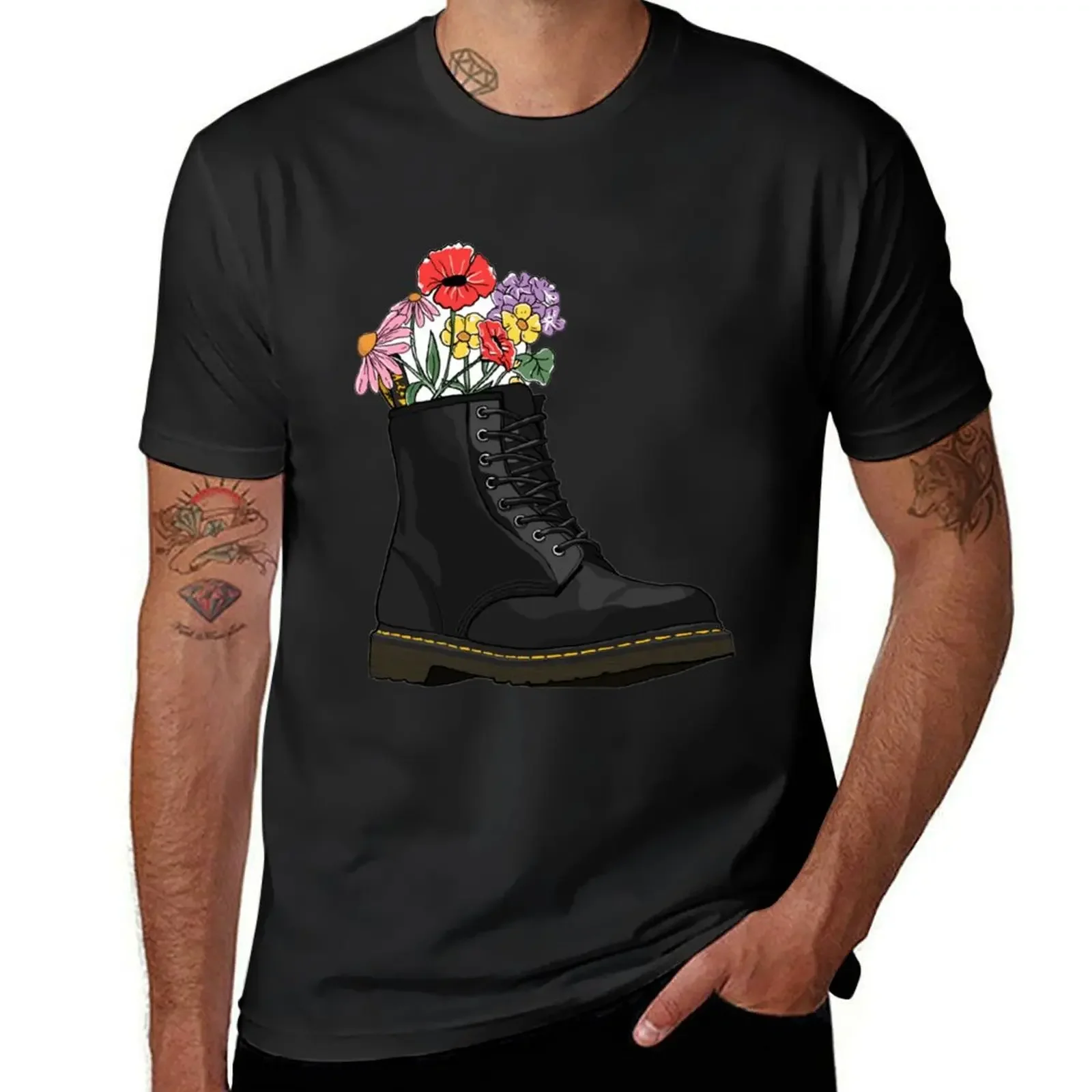 flowers growing from doc marten boot T-Shirt Aesthetic clothing plus sizes blue archive heavyweight t shirts for men