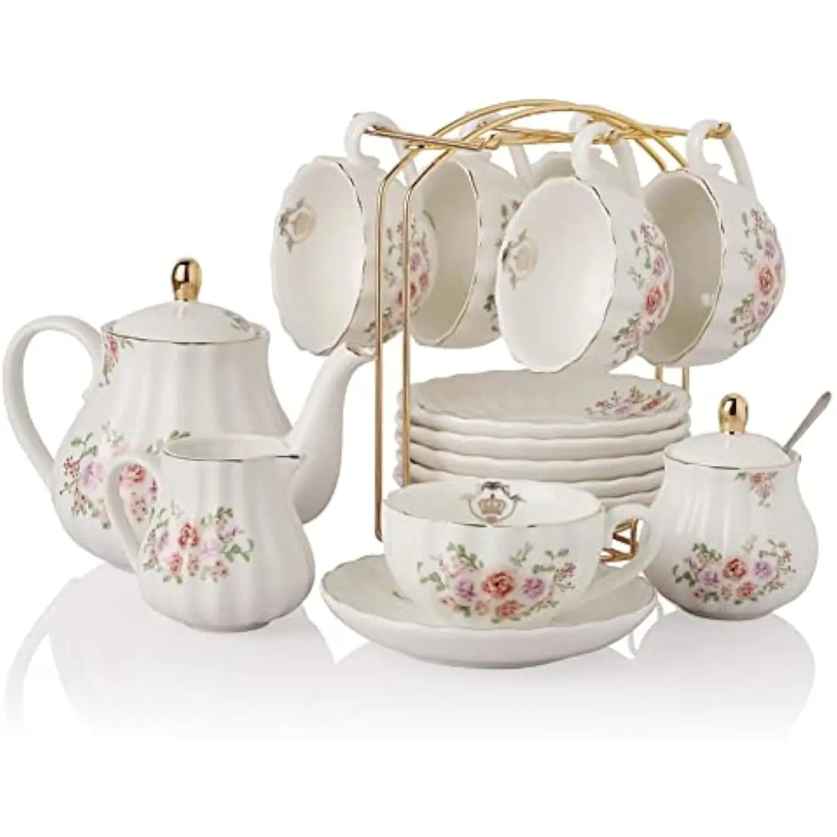 Porcelain Tea Service British Royal Style Rose Floral Design 6 Place Settings Includes Teacups Saucers Spoons Teapot Sugar Bowl