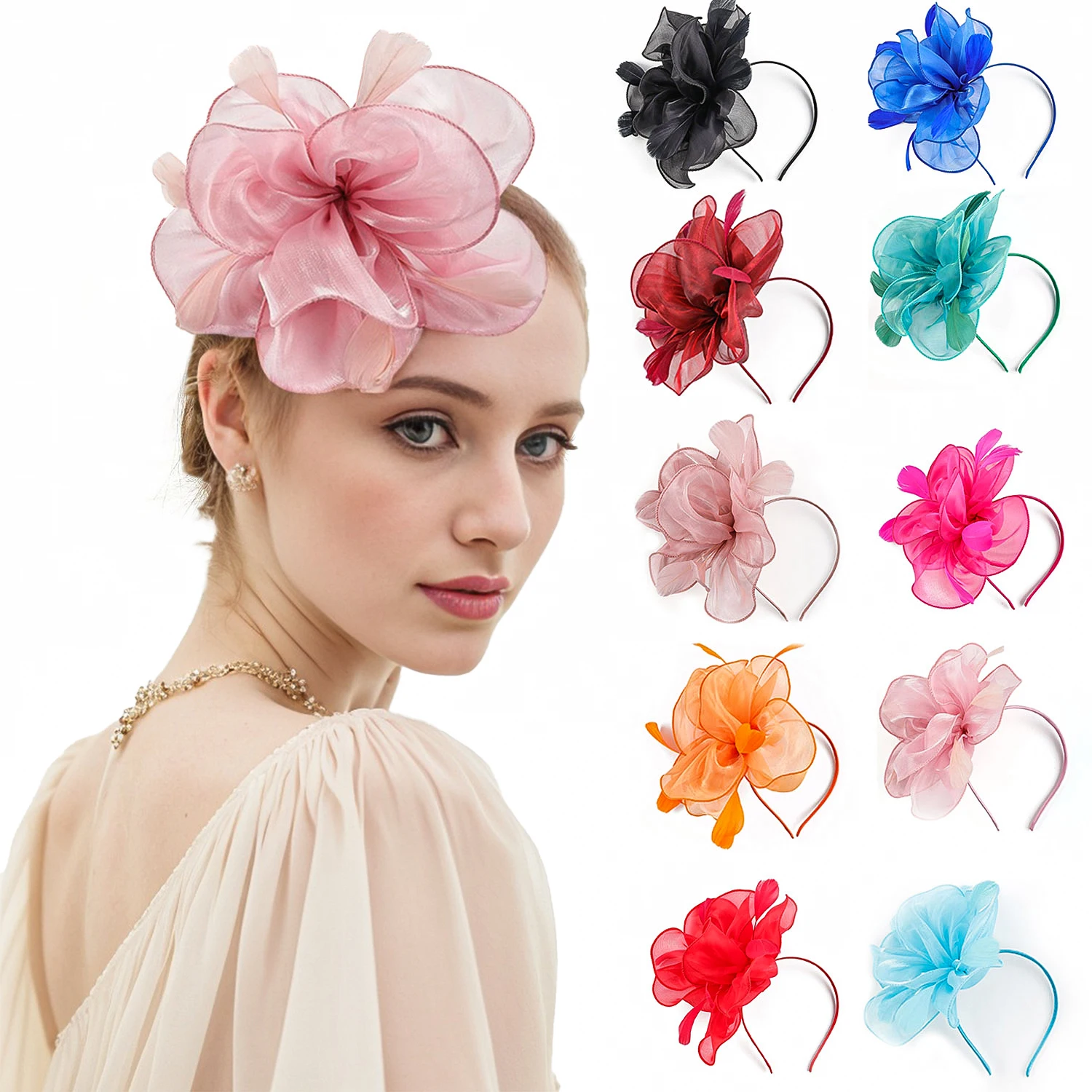 

Hot Style Bridal Floral Fascinator Feather Headdress Organza Stage Performance Horse Racing Festival Hair Accessories