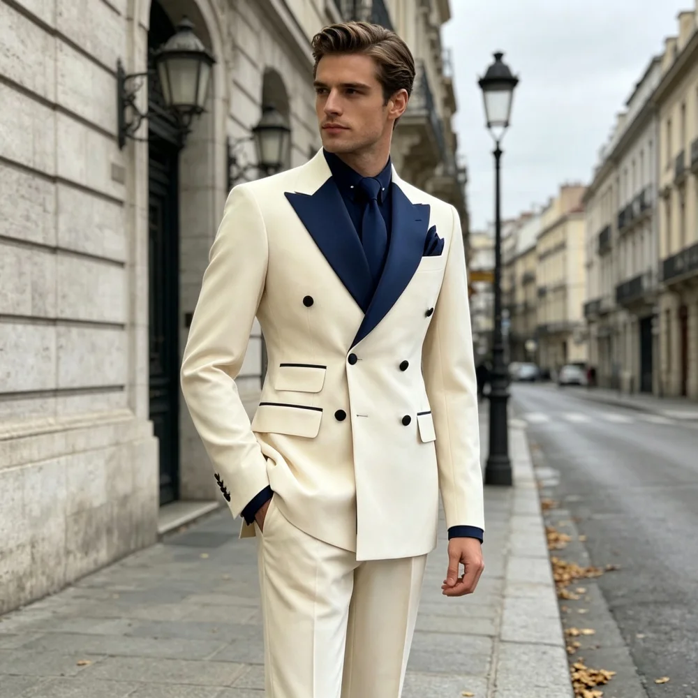 2 Piece Men's Suits Double Breasted Peaked Lapel Contrast Slim Fit Jacket &Pants Formal Party Groom Prom Suit