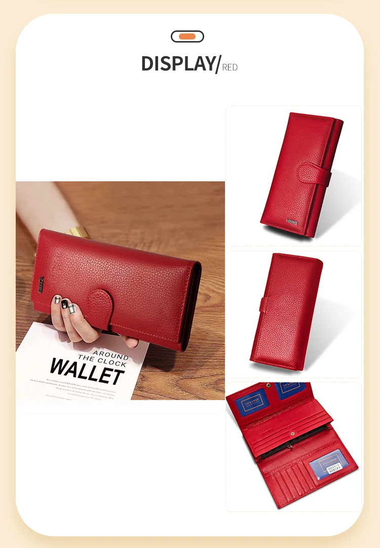 VICKAWEB Große Hasp-Geldbörse aus echtem Leder mit Foto-Kartenhalter und Druckknopfverschluss für Damen, luxuriöses Markendesign, Damen-Kartenetui, lang, rot – Detail 9
