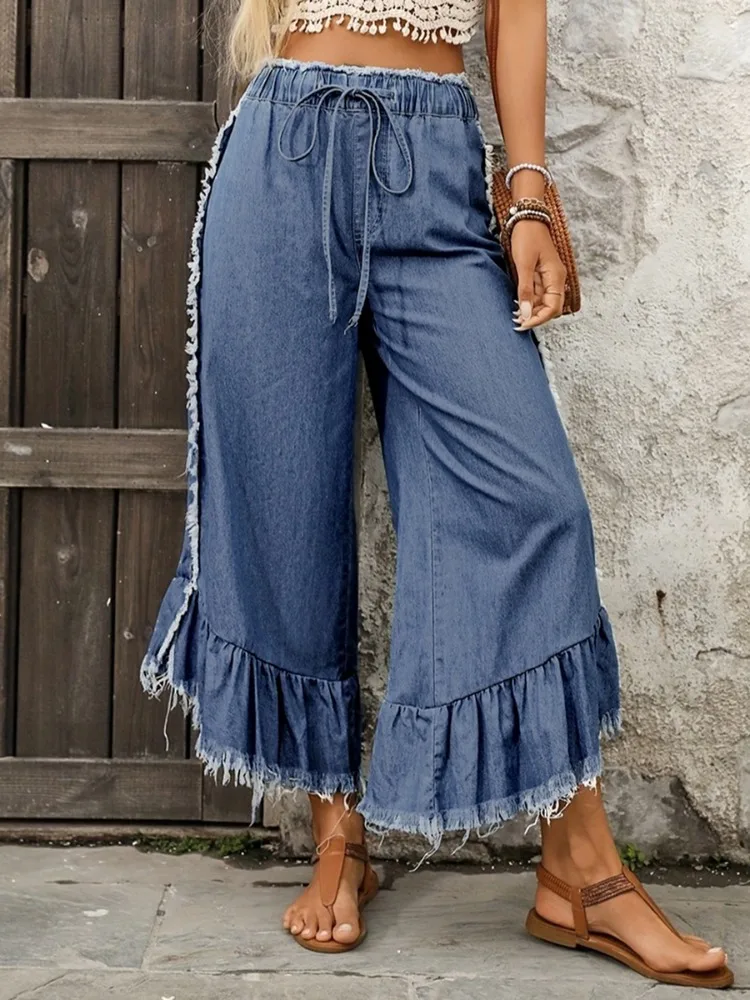 Uoozee Women's Trendy Fringed Ruffle Hem Casual Jeans 2026 New Loose Drawstring Elastic Waist Wide Leg Denim Pants Bottoms