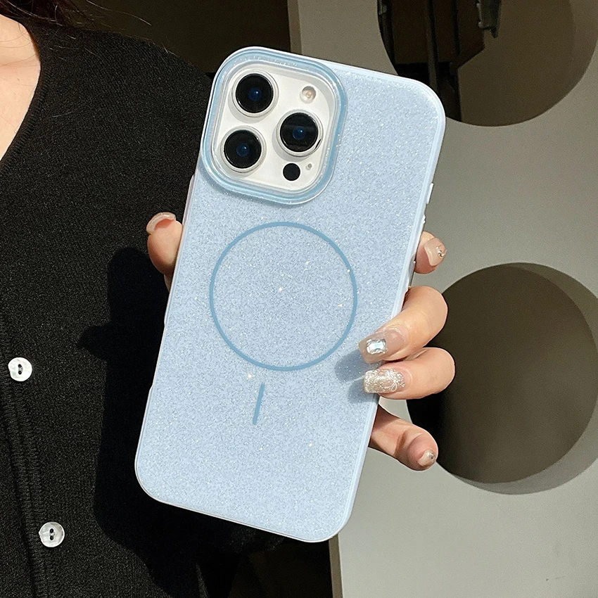 حافظة هاتف لامعة مغناطيسية لهاتف آيفون 17 16 15 14 13 برو 12 11 ماكس حلقة عدسة مطلية 16 برو ماكس 17 برو حافظة هاتف غطاء صلب