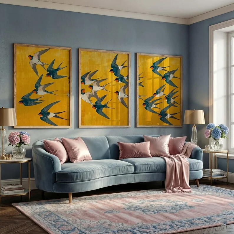 Swallow Birds Poster Set of 3, Japanese Art Print, Yellow and Blue Wall Art Frameless Canvas Home Decor Art Poster