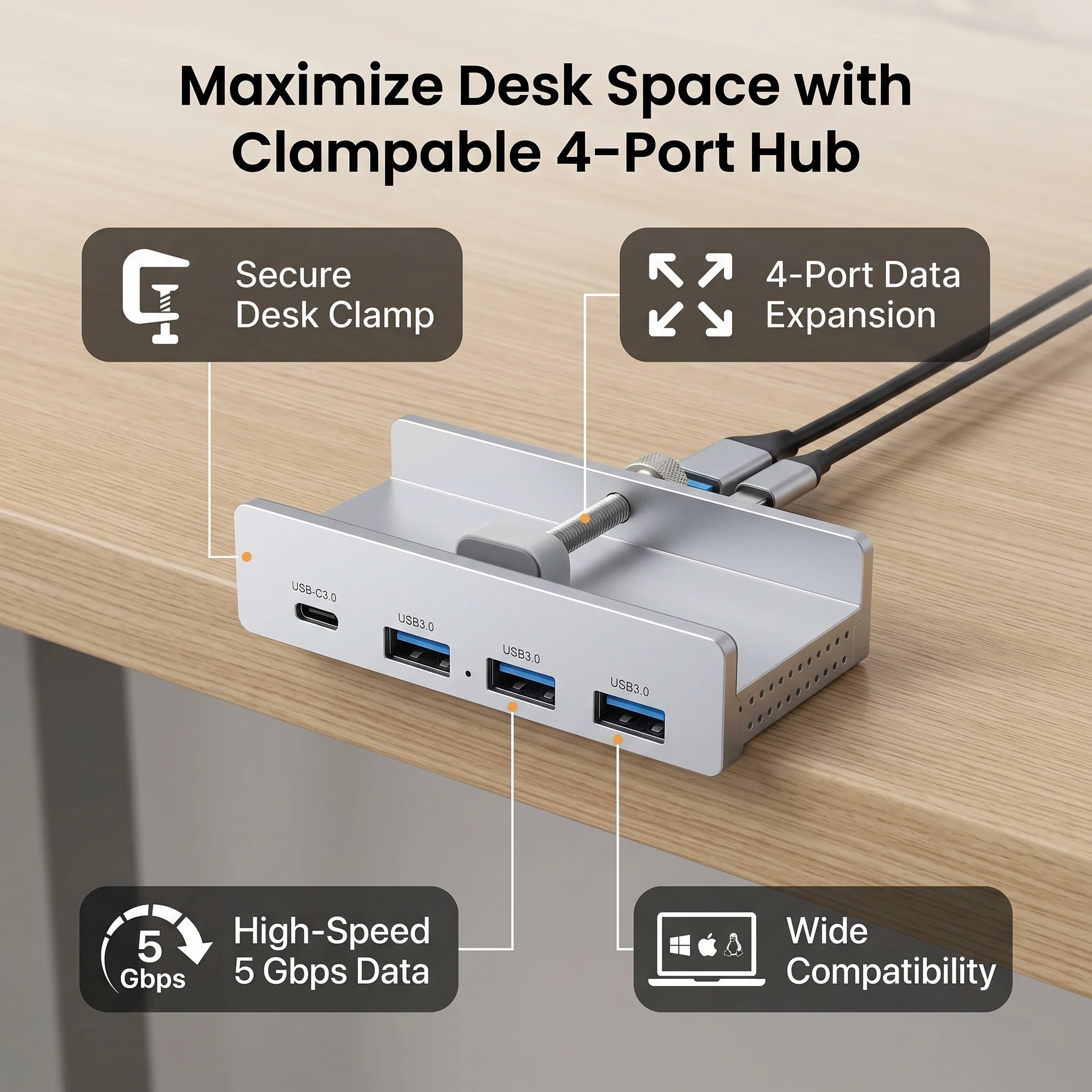 4 Port USB Splitter USB 3.0 Hub 5Gbps USB C Hub with Clamp Aluminum Alloy 4 Port USB Splitter for Display Desks Plug and Play