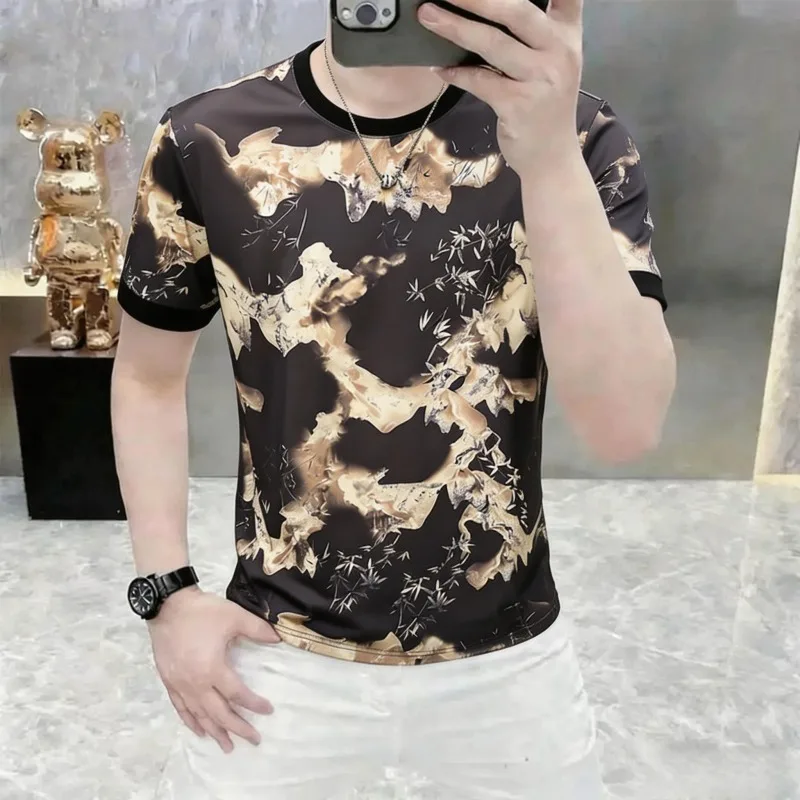 

Summer Ice Silk Elastic Round Neck T-shirt for Men Fashion Printed Short Sleeved Casual Tshirts Streetwear Men Clothing M-5XL