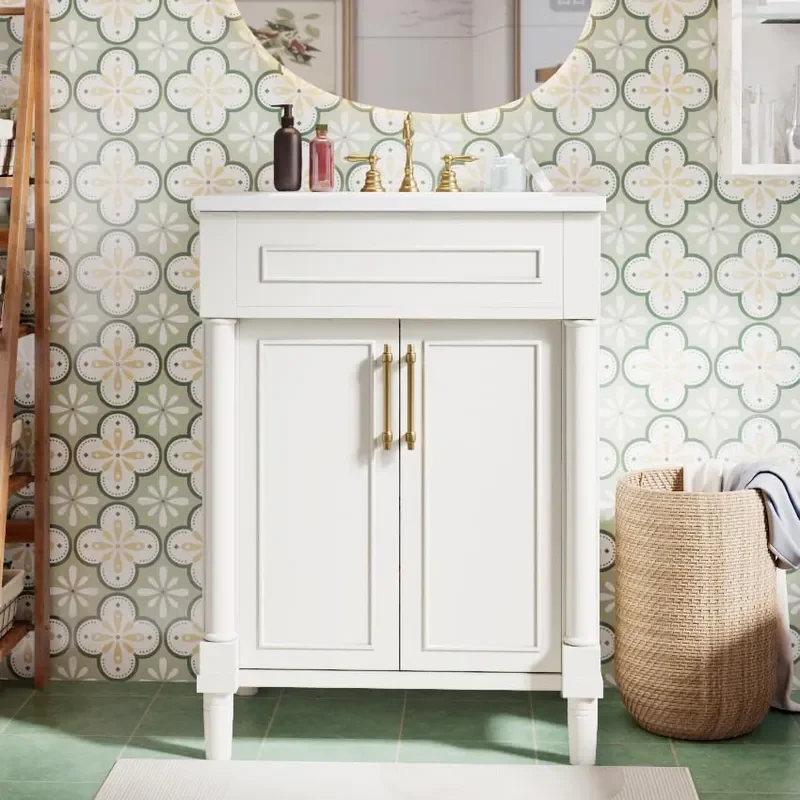 24 inch Bathroom Vanity with Ceramic Sink and Adjustable Shelf White
