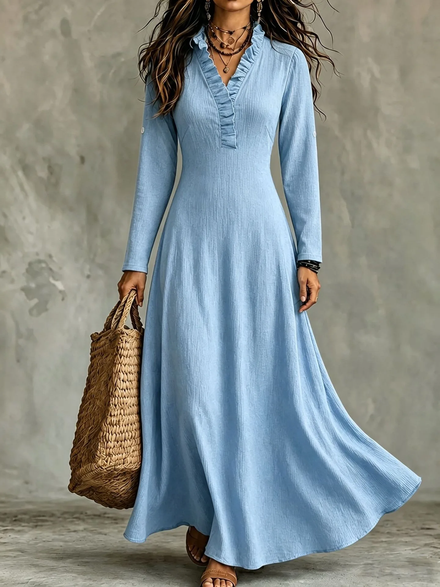 Elegant Waistband Long Dress Autumn Winter Solid Color Fashionable Simple Long Sleeved V-neck Lace Large Swing Long Dresses