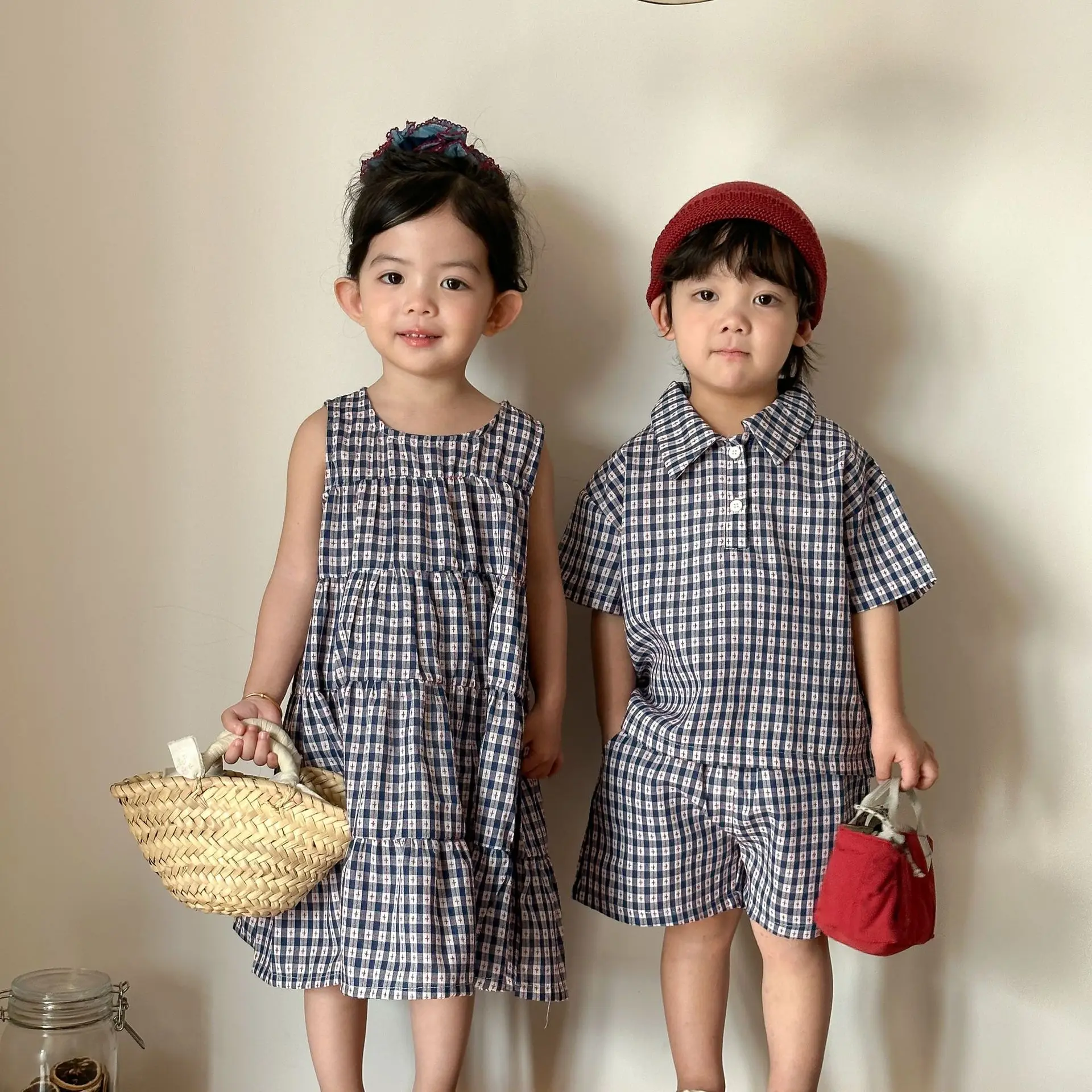 2026 Summer New Children Short Sleeve Clothes Set Boys Plaid Shirts + Shorts 2pcs Suit Girls Vest Dress Brother Sister Outfits