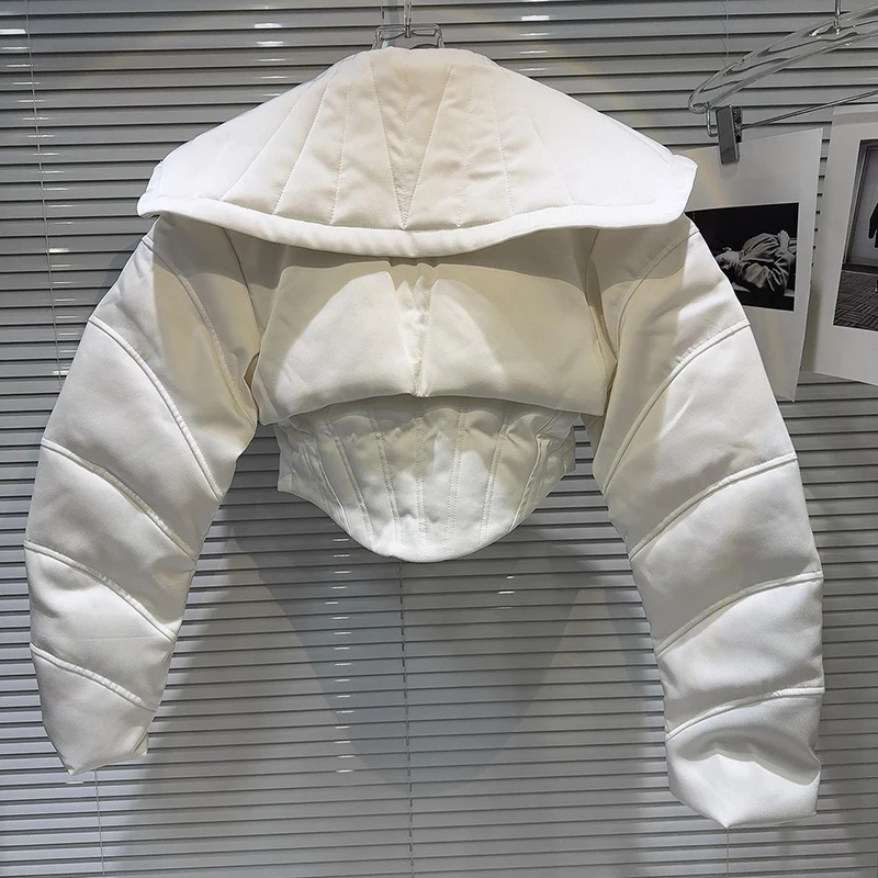 سترة شتوية جديدة مخصصة لشتاء 2025 ذات طبقات مزدوجة وياقة شال وخصر مزركش فتاة حارة قصيرة نمط موضة أسفل سترة #4