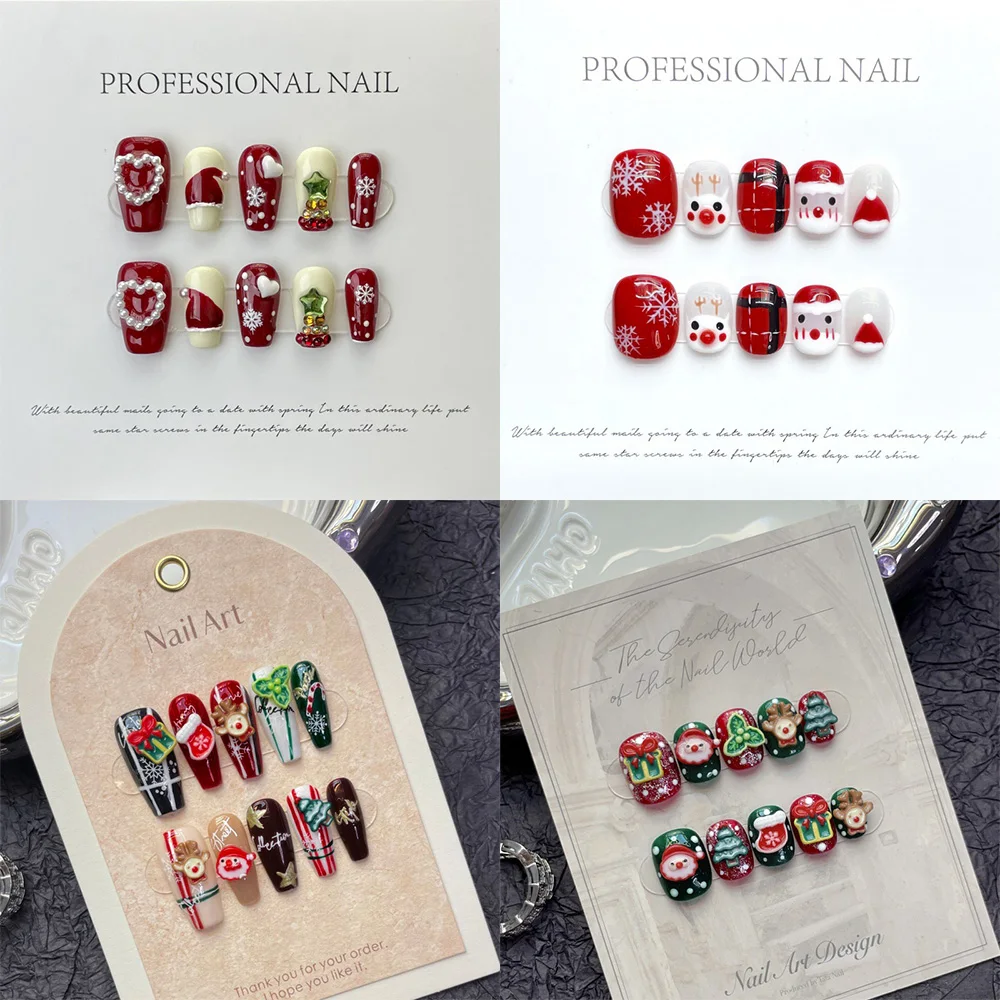 10 Stück Weihnachtsthemen-Kurz-Oval-Press-on-Nägel, niedliche Cartoon-Kunstnägel mit Schmetterlings-Strass-Design, vollflächige Kunstnägel