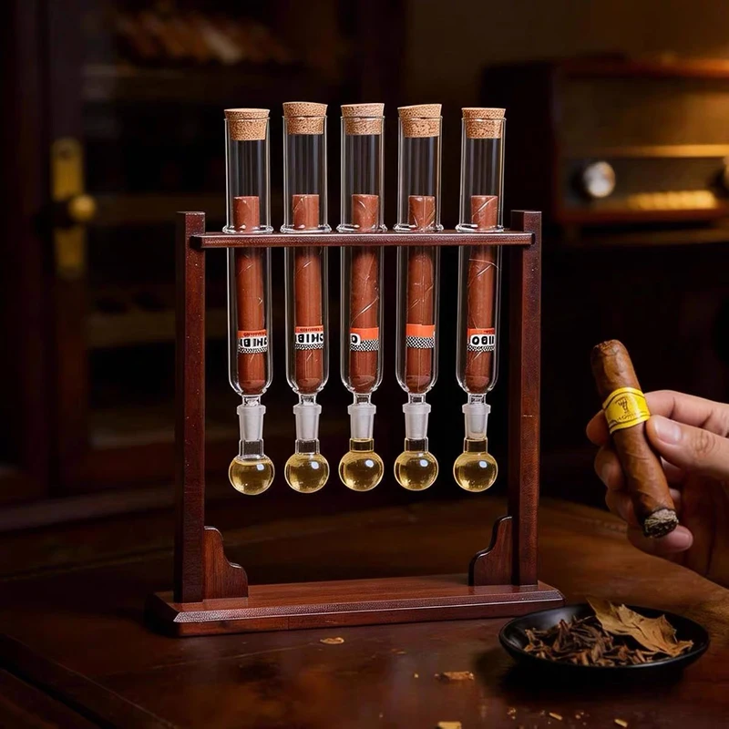 High-End Wooden Cigar Fragrance Dispenser With Moisture-Retaining Tube And Sealed Cigar Fragrance Glass Storage Tube