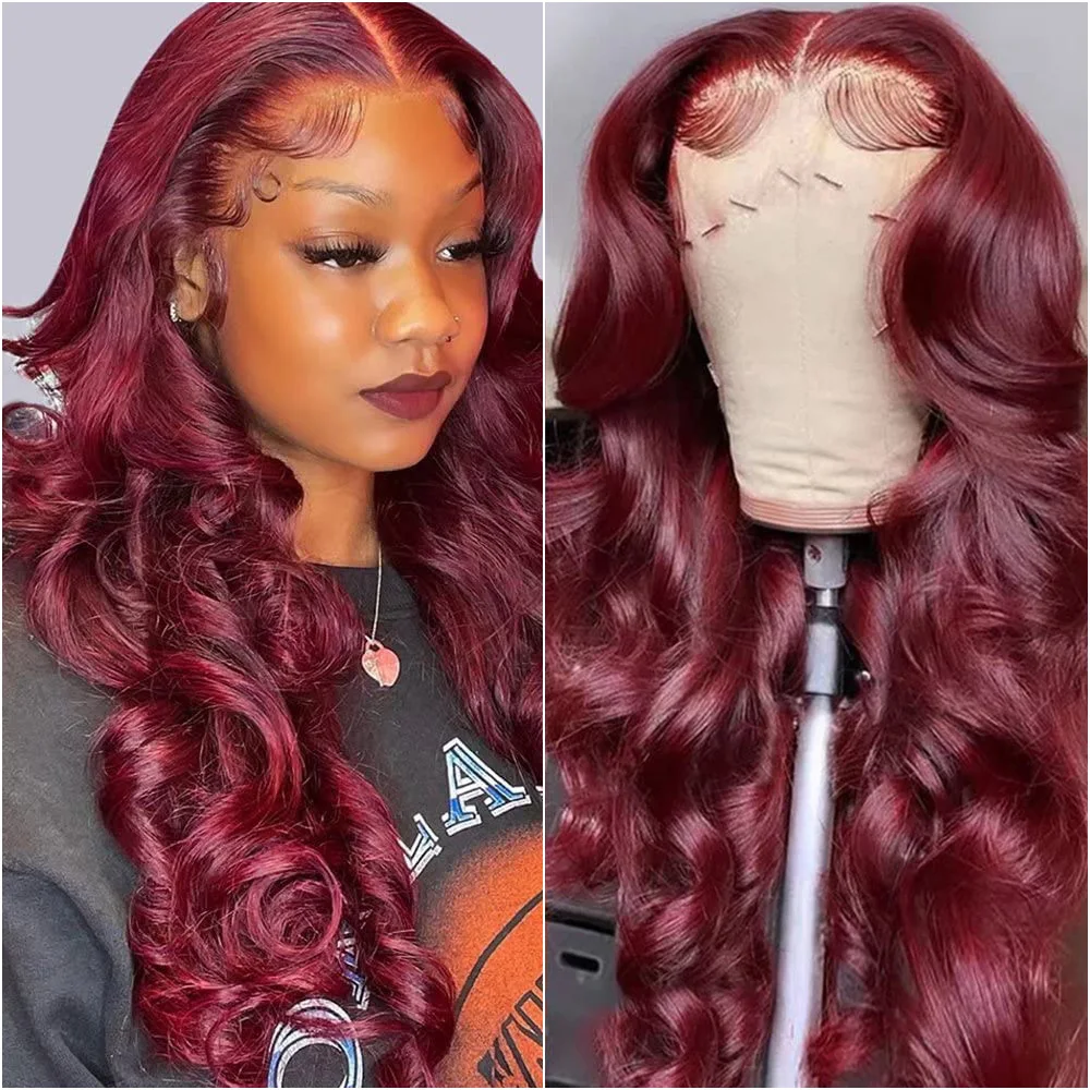 

99j Burgundy 13x6 HD Lace Frontal Human Hair Wig Body Wave 200% Density 30 40 Inch Red Colored 13x4 Lace Frontal Wigs Brazilian