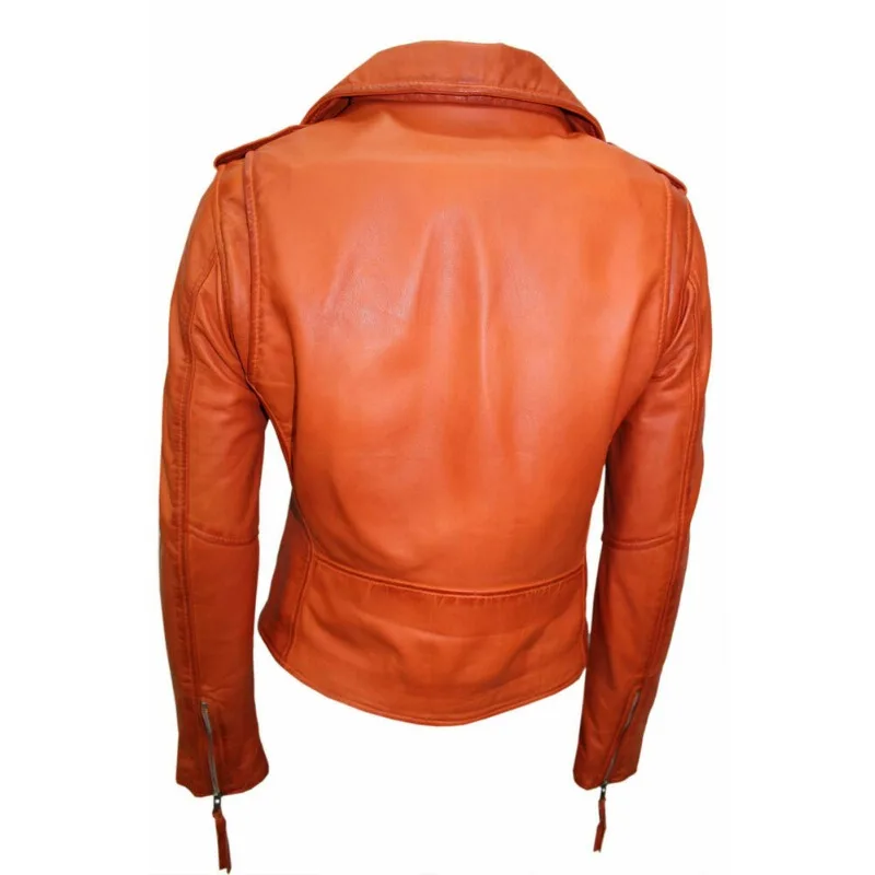 Classic Women's Soft Genuine Lambskin Real Leather Jacket Orange Party Wear Coat