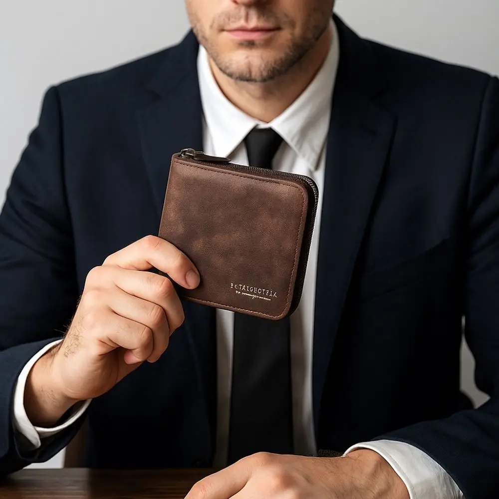 

PU Leather Men's Wallet Multi-functional Zipper Closure Short Card Bag Large Capacity Luxury Business Wallet Daily Use