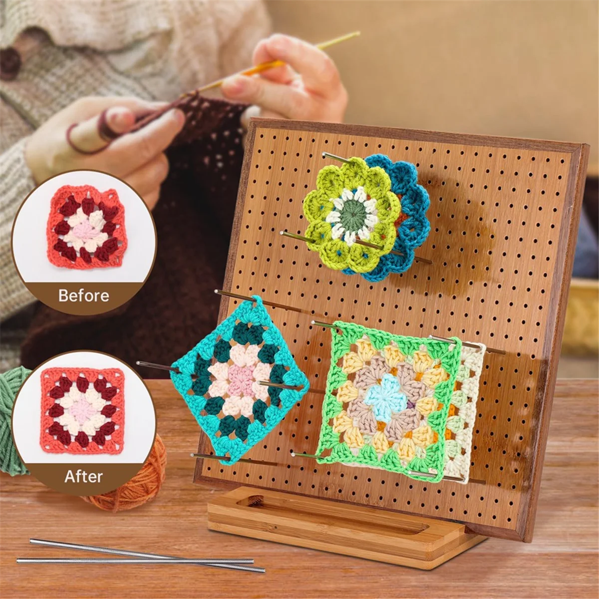 لوح كتلة كروشيه 2025+11.8 بوصة مع 20 إبر/أوتاد، لوح كتلة لحياكة الكروشيه، لوح كتلة مربع من الخيزران #5