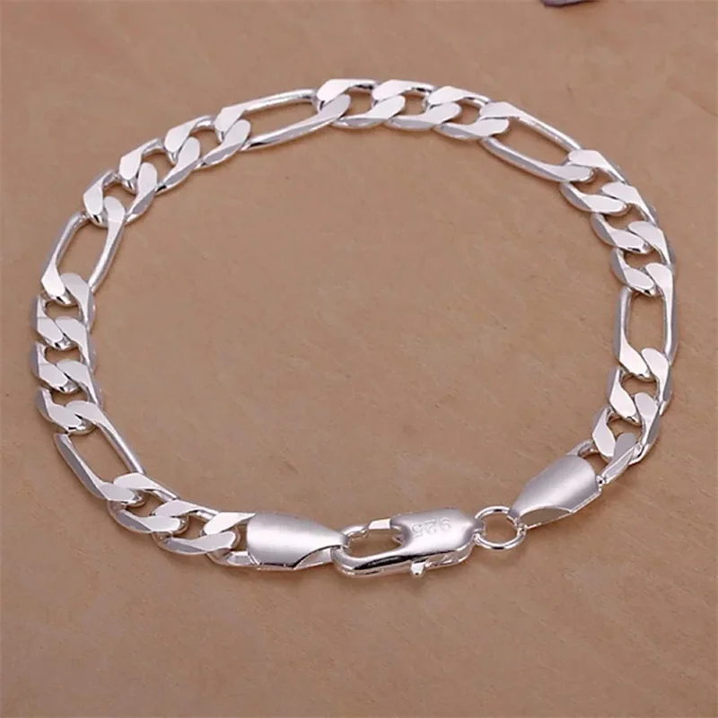 

Fine 925 Sterling silver bracelets 6-8mm Women Men chain wedding fashion top quality Silver Jewelry Figaro 20cm