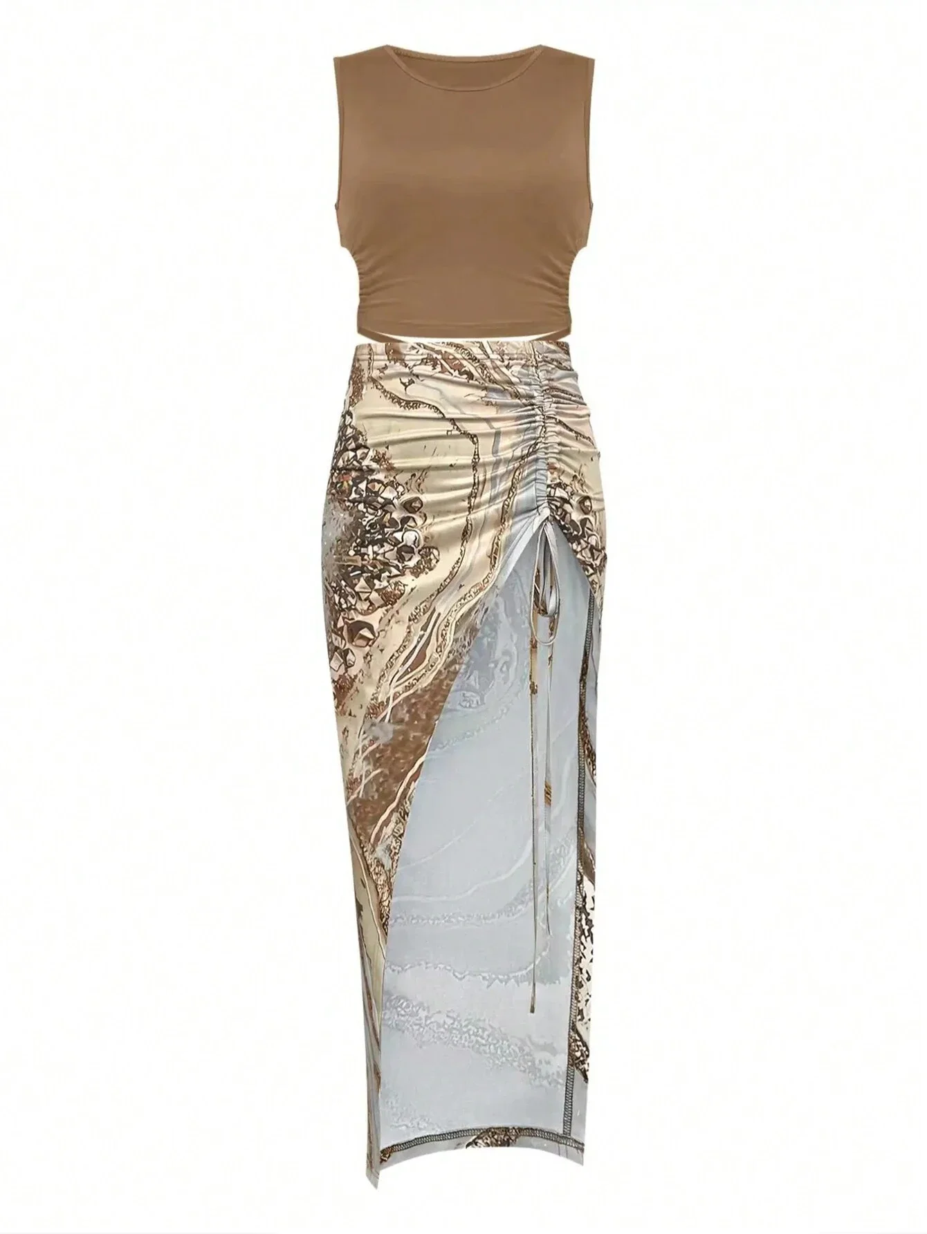 

2pcs Women Summer Cropped Top And High Slit Drawstring Skirt Set Casual Elegant
