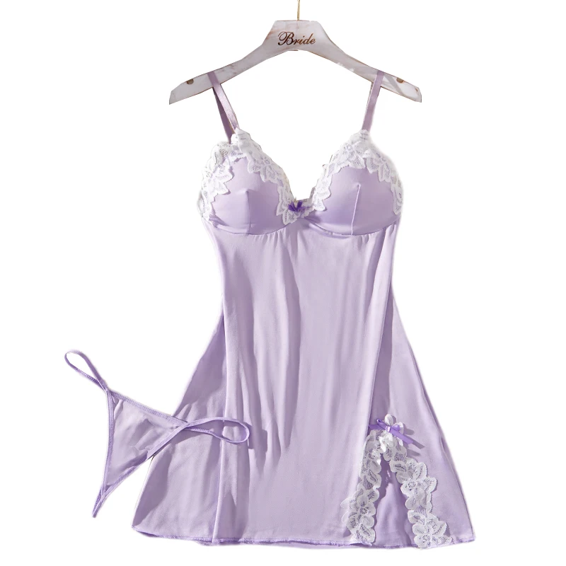 Light Purple Deep V Women Nightdress Sexy Lingerie Dress Set
