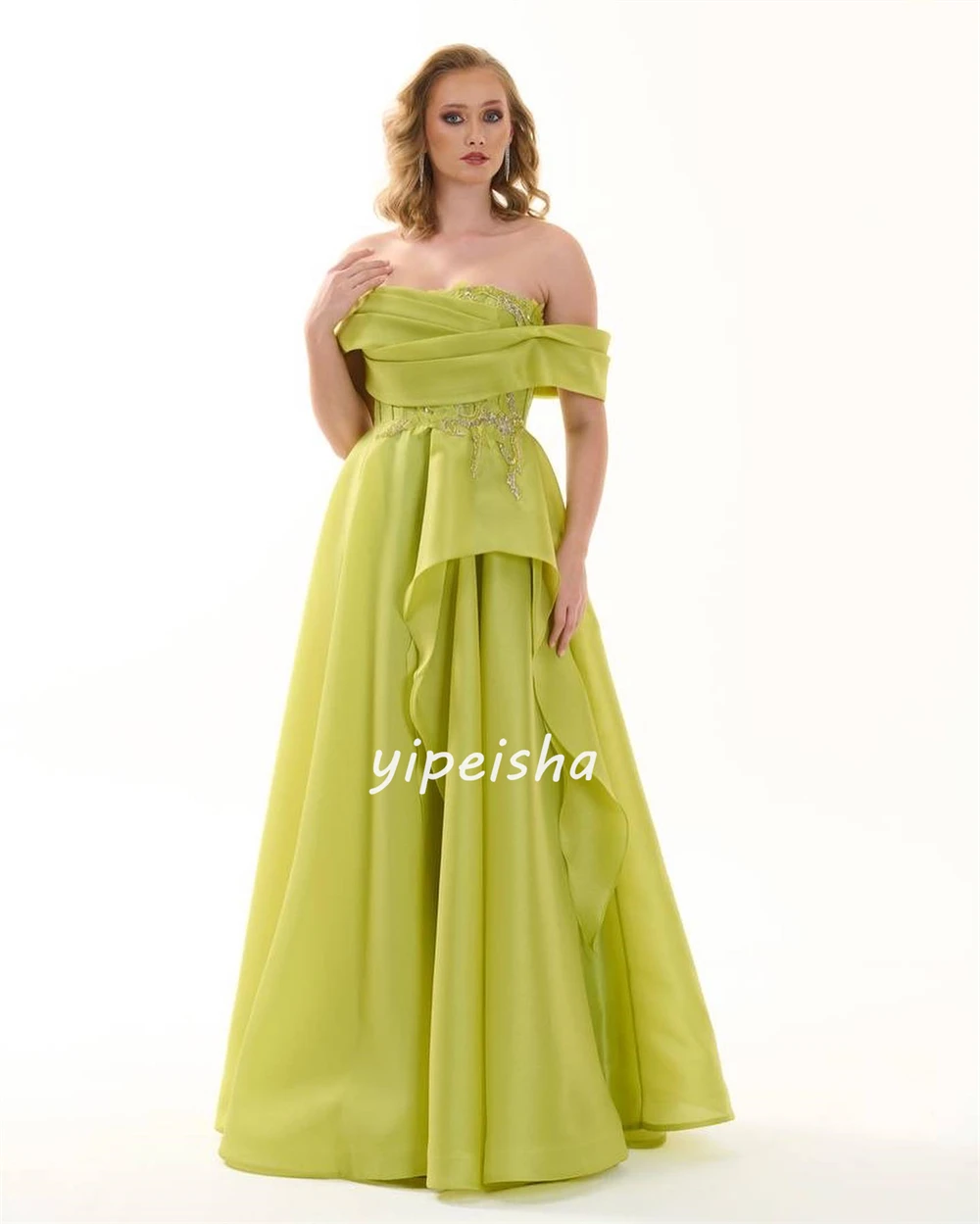 Customized Satin Applique Sequined Valentine\'s Day A-line Off-the-shoulder Bespoke Occasion Gown Long Dresses