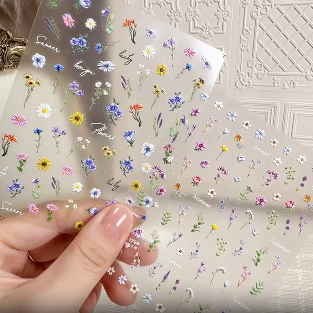 

1Pcs Colorful Flowers Nail Sticker 5D Reliefs Dried Flowers Nail Decals Exquisite Daisy Wildflowers Floral Nail Slider Decoratio