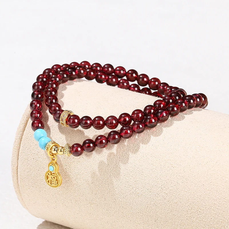 JD 4mm Natural Garnet Stone Copper Gourd Pendant 2-Layer Strand Bracelets Women Elegant Design Healing Energy Jewerly For Female