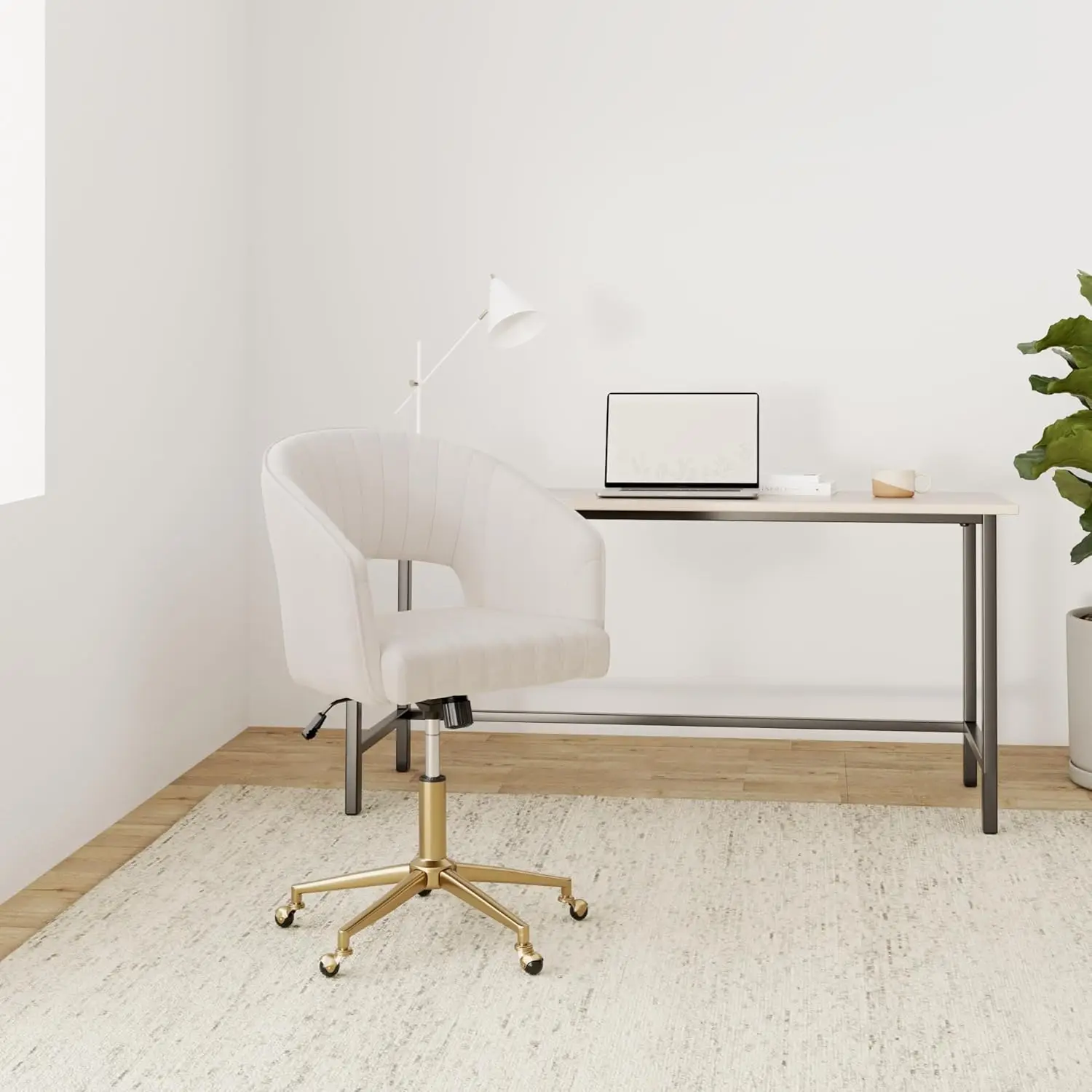 Samtgepolsterter Home-Office-Schreibtischstuhl mit verstellbaren Drehrädern, ergonomischer Bürostuhl für Schlafzimmer, Büro, Beige