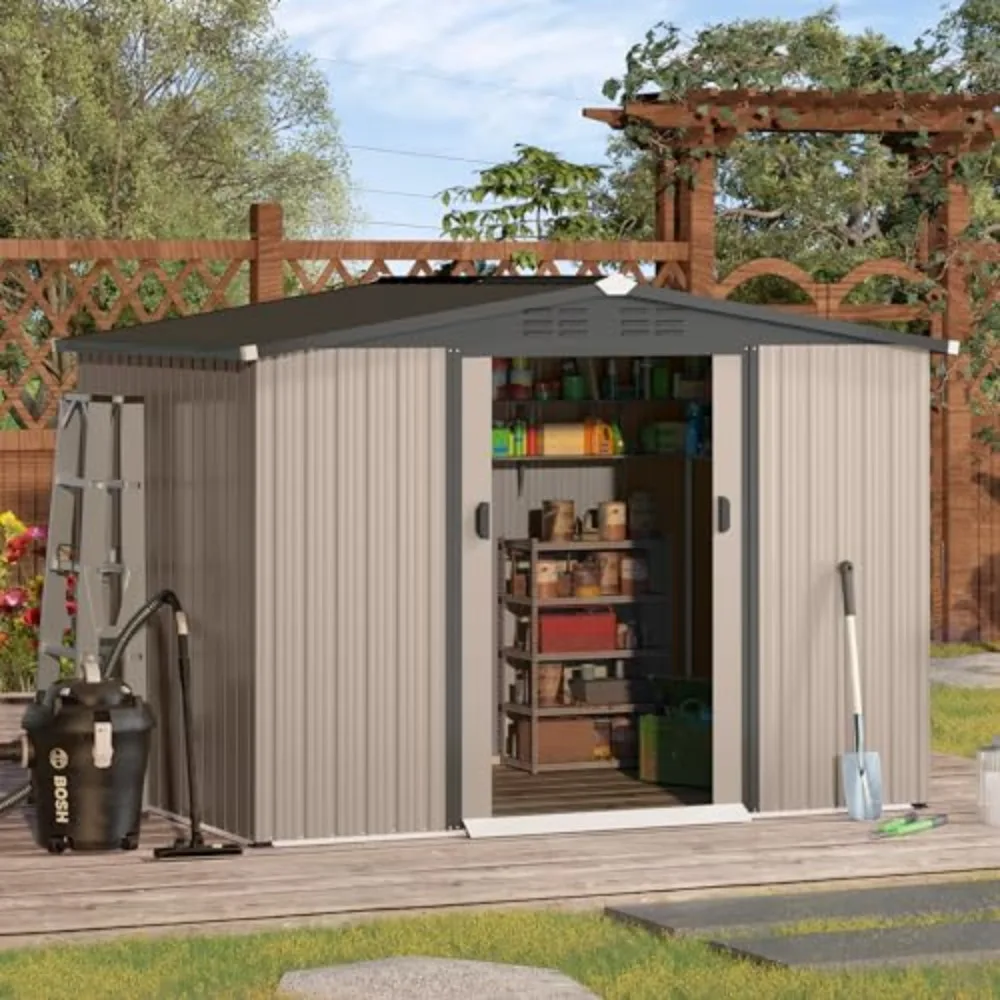 

8 x 6 Ft Shed, Outdoor Storage Tool Shed (Sliding Door), Metal Garden Shed for Yard, Outdoor Storage Clearance in Grey