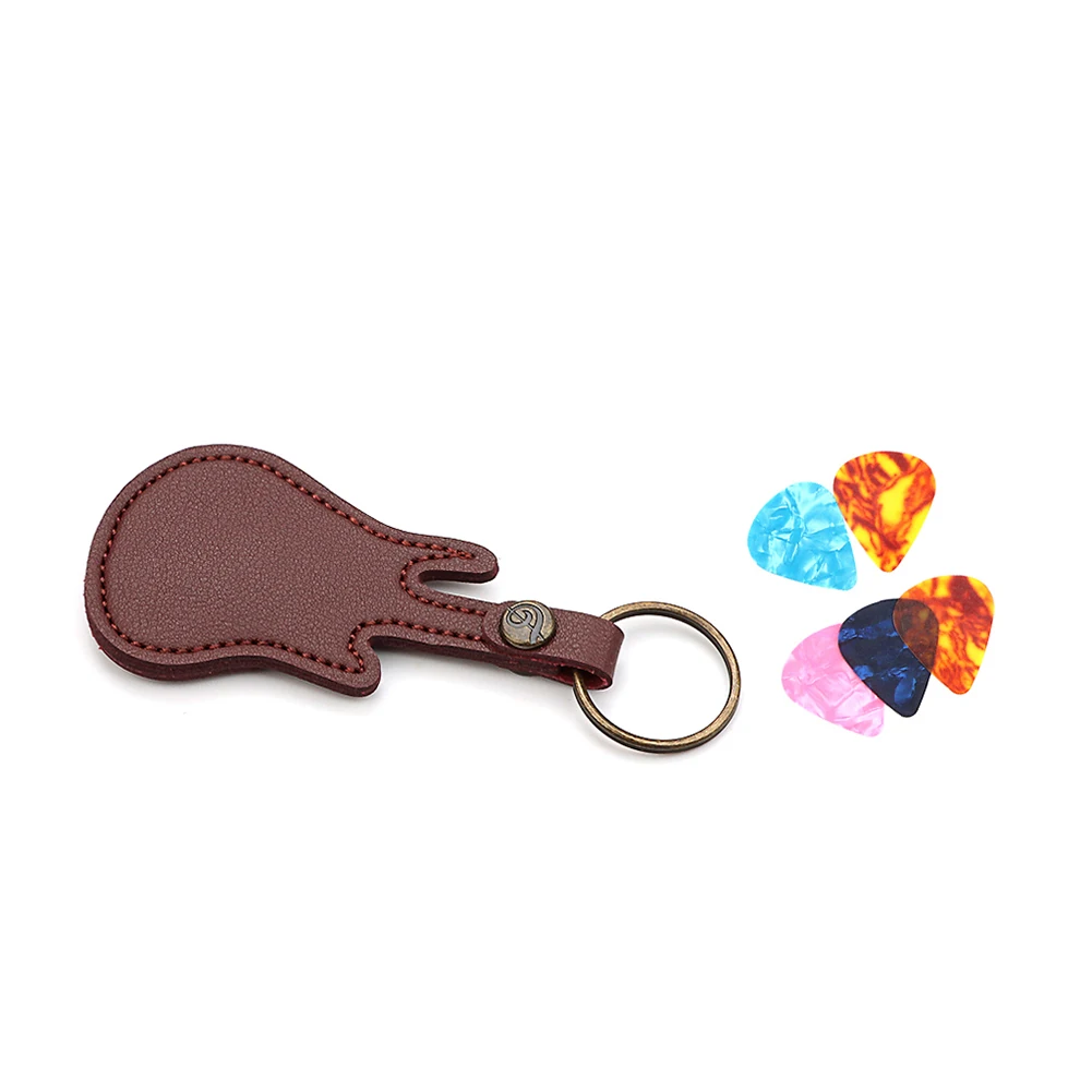 PU Leather Guitar Pick Holder Guitar-Shaped Storage Bag With 5 Picks Guitar Plectrum Container Carrying Bag Picks Cover Case