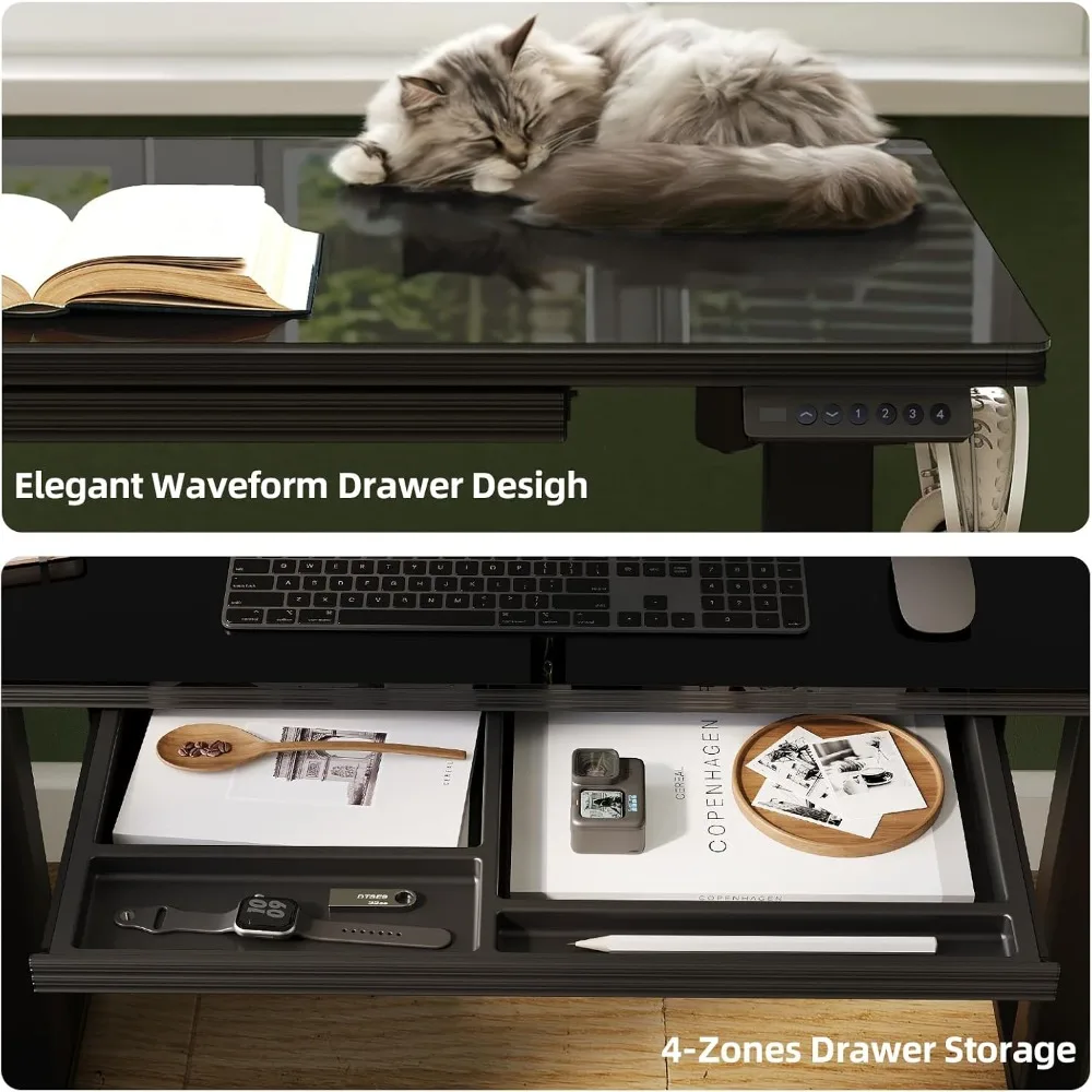 مكتب قائم قابل للتعديل بارتفاع كهربائي، سطح زجاجي مقاس 40 × 24 مع أدراج #4