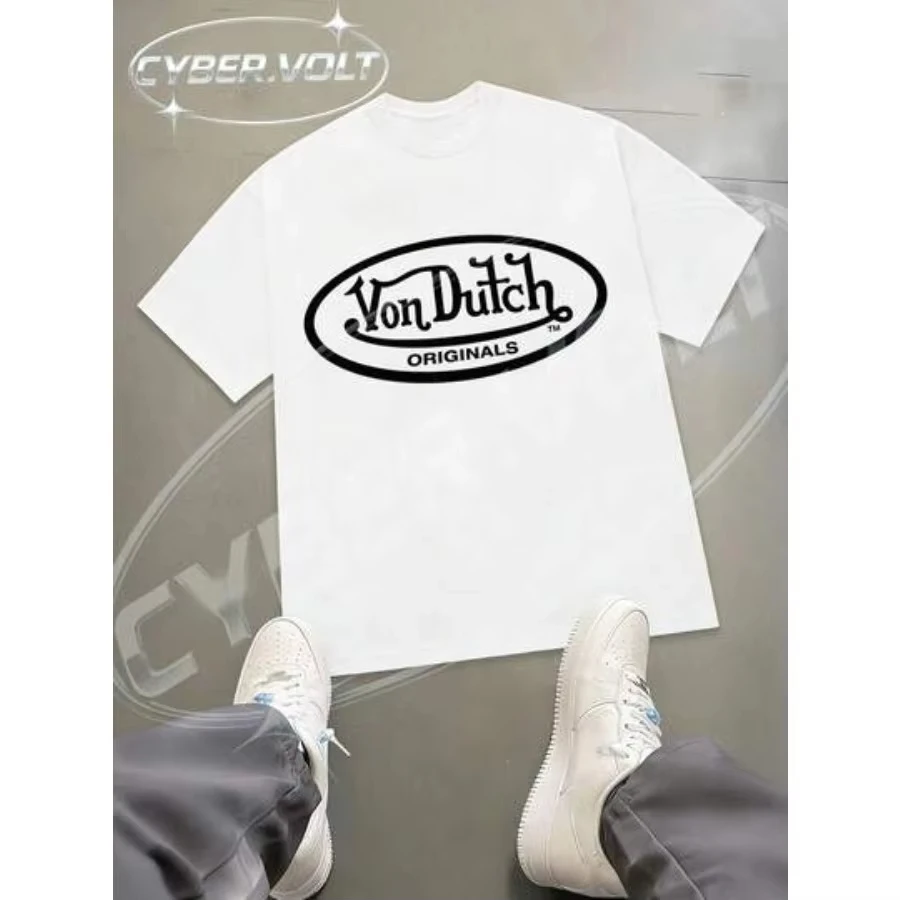 2026 new Dutch Originals Round Logo Extra Large Pattern T-Shirt | Y2K Street Style White Cotton Short-Sleeved T-Shirt view 2