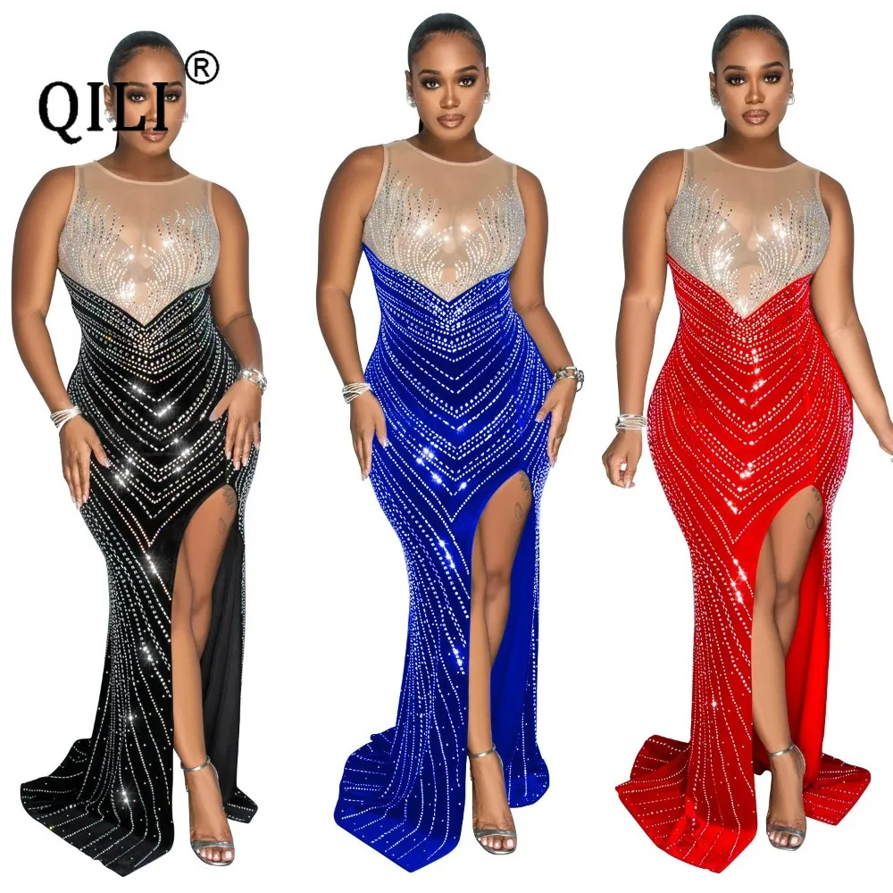 

QILI-Sexy See Through Rhinestone Dress, Sleeveless Nightclub Dress, Long Split Dress