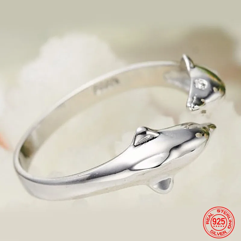 925 Sterling Silver Double Dolphin Open Ring For Women Fashion Wedding Jewelry Party Gift