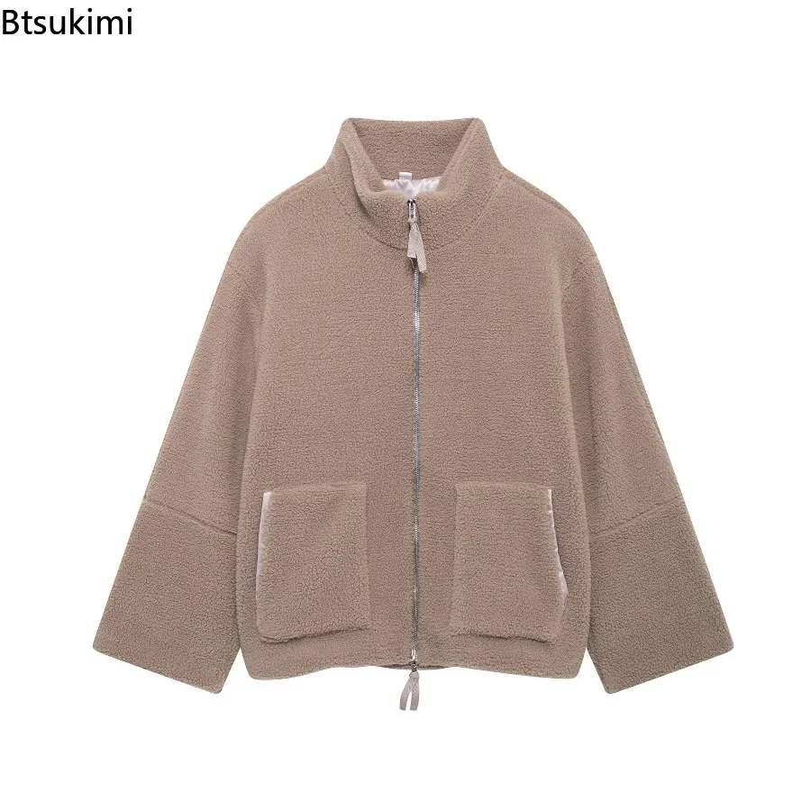 2025 Winter New Women's Wool Jackets Casual Loose Simple Versatile Zipper Stand Up Collar Long Sleeve Warm Coat Women Streetwear