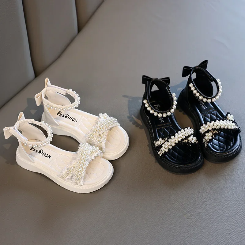 Summer Kids Sandals for Girls Elegant Pearl Bowknot Children Versatile Beach Shoes Fashion Open-toe Toddlers Princess Sandals