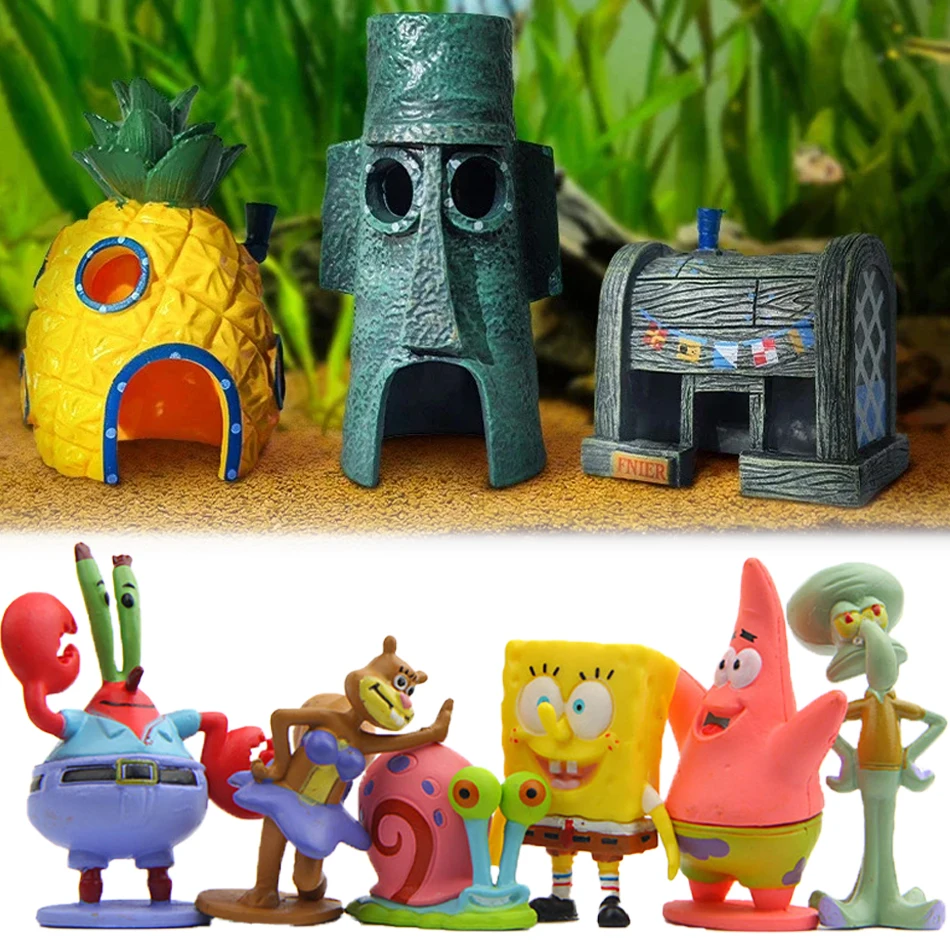 1-8pcs Spongebobs figuras de acción de Anime, decoración de pecera de cake, paisajismo,  conjunto de regalos de cumpleaños