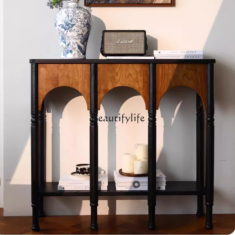 

French retro entrance cabinet walnut color home antique style against the wall solid wood cabinet counter table high sense