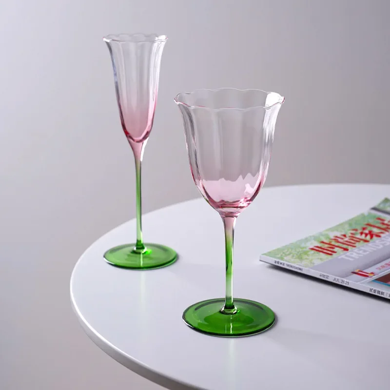 Creative Light Luxury Vintage Flower Red Wine Tall Glass Crystal Glass Pink Green Champagne Glass
