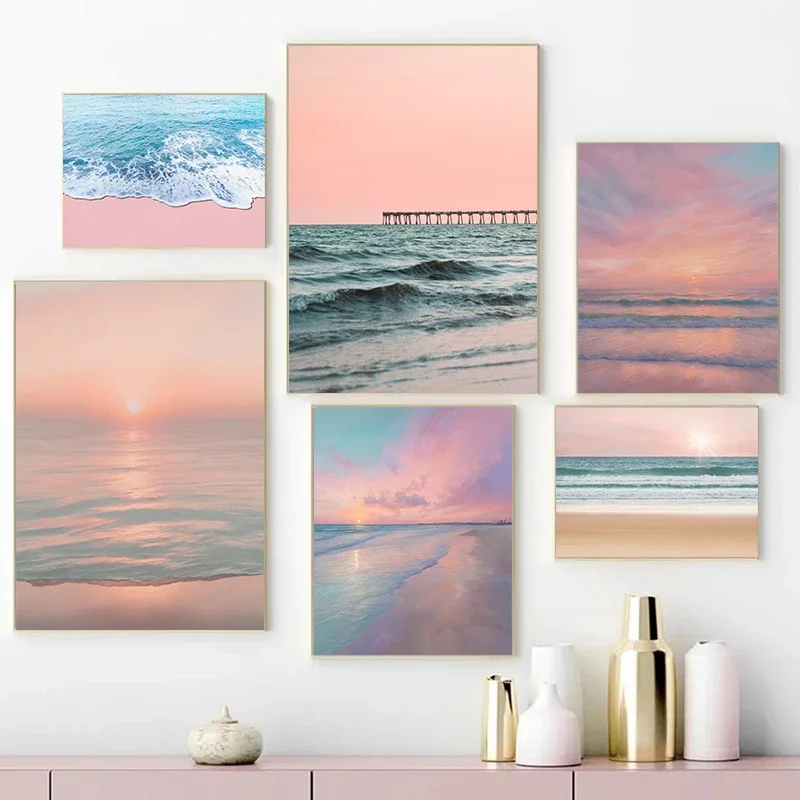 Beach Sunset Pink Blue Aesthetics Wall Arts Posters Canvas Painting for Room Office School Decoration Stuff Home Decor