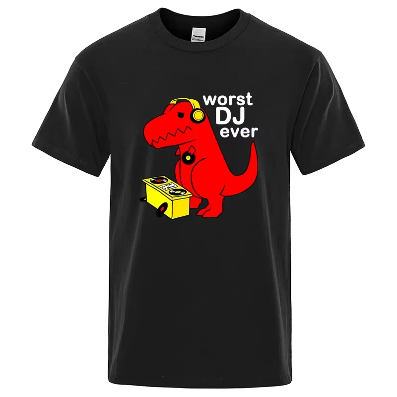 Funny DJ Dinosaur Graphic T‑Shirt Worst DJ Ever Humor Music Print Unisex Casual Short Sleeve Novelty Streetwear Tee