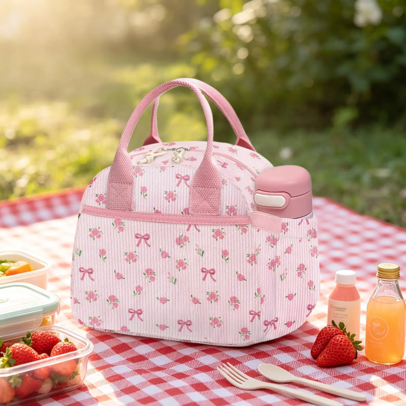 Pink Lunch Box Corduroy Large Capacity Leakproof Reusable Portable Waterproof Insulated Bag For Women Girls Office School view 2