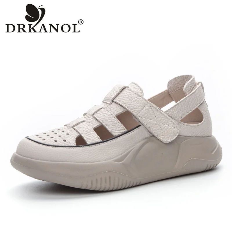 

DRKANOL Women Casual Sneakers 2024 Summer Thick Bottom Hollow Out Sandals Genuine Leather Hook And Loop Chunky Platform Shoes