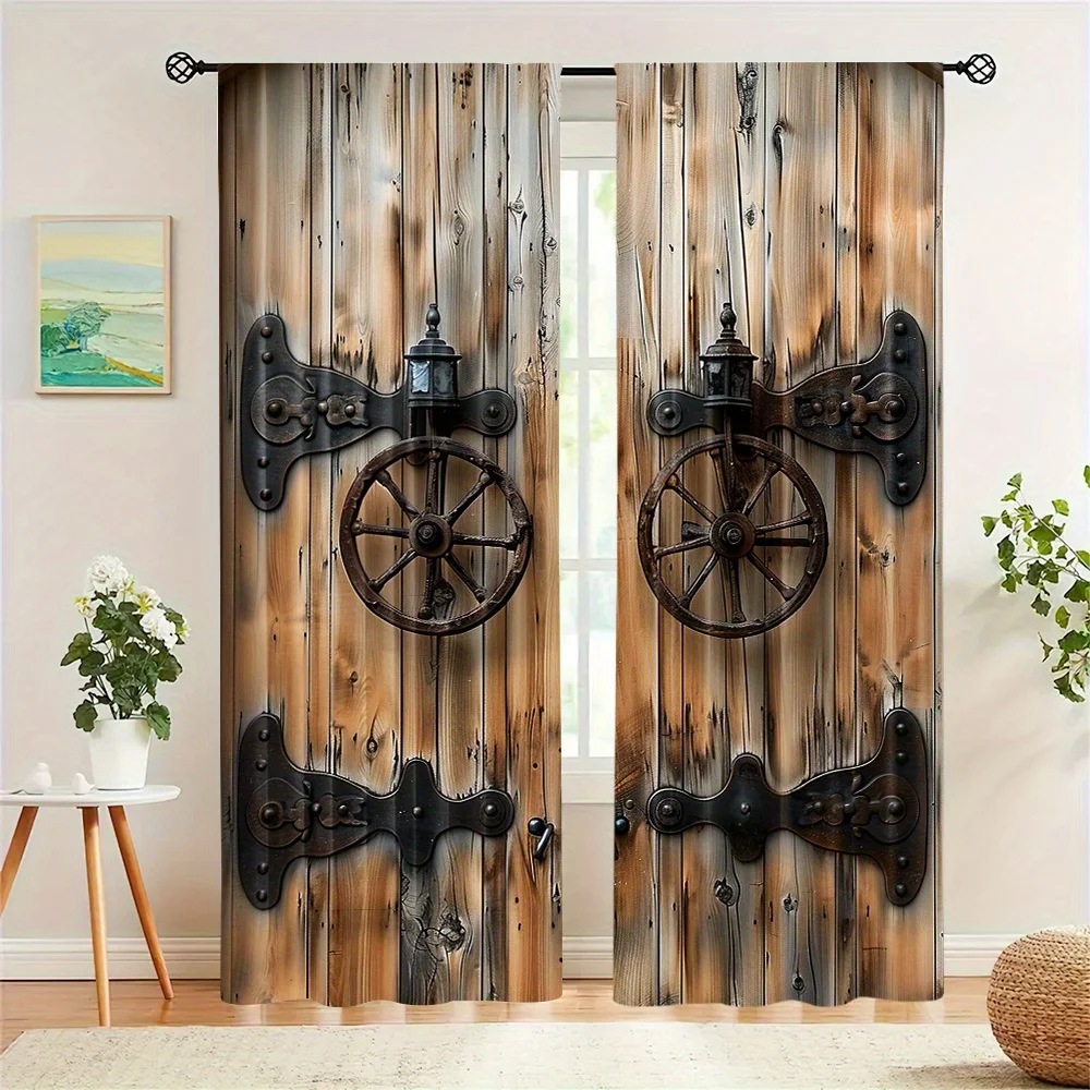 2-Piece Semi-Blackout Curtain Wooden Door Print Rod Pocket Drapes Machine Washable for Bedroom Living Room Home Decor Windows